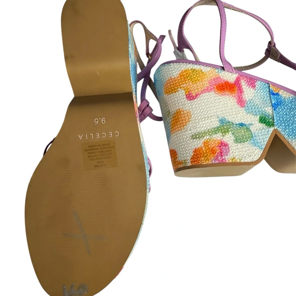 Cecelia Justine Leather Wedge Sandals Lavender Floral Platform US 9.5 New